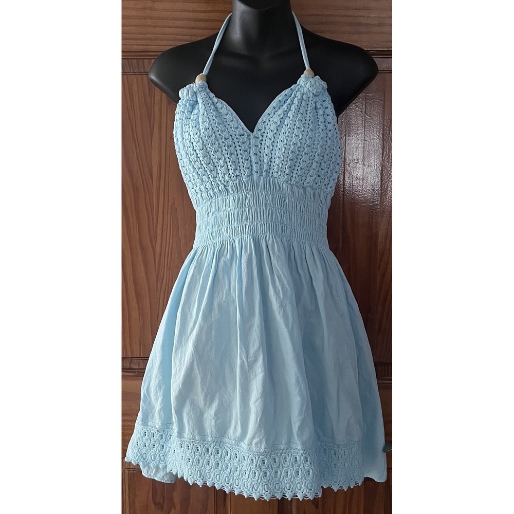 Blanco by Nature L M Mika Boho Beach Festival  Crocheted Tie Dress Sky Blue Mini